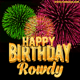 A captivating GIF with bursts of green, pink, and orange fireworks lighting up the night sky, accompanied by 'Happy Birthday Rowdy' in glowing golden text.