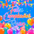 A vibrant animated GIF with 'Feliz Cumpleaños Rowe' written in colorful script, surrounded by balloons, confetti, and bunting on a bright blue background.