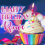 A festive animated GIF featuring a colorful cupcake with a single lit candle, sprinkles, and 'Happy Birthday Rowe' text against a sparkling, celebratory background.
