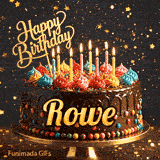 Sparkly golden star background with a detailed chocolate drip cake and the name Rowe on the front.