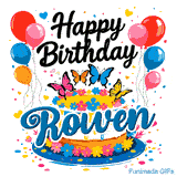 Animated floral drip cake with balloon bouquets and scattered confetti, personalized with the name Rowen.