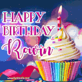 A festive animated GIF featuring a colorful cupcake with a single lit candle, sprinkles, and 'Happy Birthday Rowin' text against a sparkling, celebratory background.