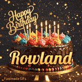 Festive chocolate birthday cake decorated with colorful frosting and candles under sparkling golden stars, personalized for Rowland.