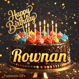 Animated card of a gourmet chocolate birthday cake with the name Rownan and glowing candle flames.