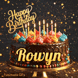 Gold Happy Birthday topper and lit candles on a chocolate frosted cake with Rowyn's name on a dark starry background.