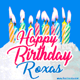 A cheerful animated GIF featuring colorful lit birthday candles on a white cake, with the text 'Happy Birthday Roxas' in bold red and blue script on a bright blue background.