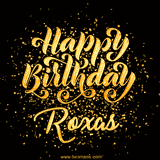 Animated GIF with colorful, festive 'Happy Birthday Roxas' text decorated with patterns, a party hat, and falling confetti. A vibrant and cheerful design for birthday celebrations.