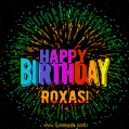 A colorful animated GIF featuring the text 'Happy Birthday Roxas!' in rainbow colors with a dynamic iridescent firework display in the background.