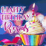 A festive animated GIF featuring a colorful cupcake with a single lit candle, sprinkles, and 'Happy Birthday Roxas' text against a sparkling, celebratory background.