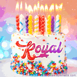 A cheerful cat wearing sunglasses, enjoying drinks on a sunny beach chair, with the text 'Happy Birthday Royal!' in bright letters.