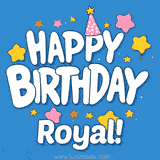 A white birthday cake with yellow topping and the name Royal written in elegant blue script, surrounded by butterflies and balloons.