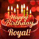 Animated GIF with colorful, festive 'Happy Birthday Royal' text decorated with patterns, a party hat, and falling confetti. A vibrant and cheerful design for birthday celebrations.