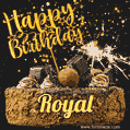 Celebrate Royal's birthday with a GIF featuring chocolate cake, a lit sparkler, and golden stars