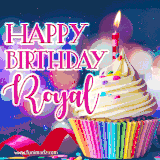 A festive animated GIF featuring a colorful cupcake with a single lit candle, sprinkles, and 'Happy Birthday Royal' text against a sparkling, celebratory background.