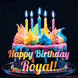 A vibrant animated GIF featuring a colorful rotating birthday cake with bright frosting swirls, glowing candles, and the text 'Happy Birthday Royal!' in rainbow colors.