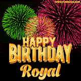 A captivating GIF with bursts of green, pink, and orange fireworks lighting up the night sky, accompanied by 'Happy Birthday Royal' in glowing golden text.