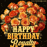 Animated bouquet of orange roses with moving butterfles and golden 'Happy Birthday Royalty' text, surrounded by sparkling accents and a dark backdrop for a luxurious feel.