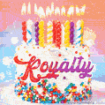 Personalized for Royalty elegant birthday cake adorned with rainbow sprinkles, colorful candles and glitter