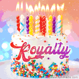 A cheerful white birthday cake with multicolor sprinkles, lit candles, and 'Royalty' written in vibrant letters, in an animated GIF.