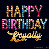 Vibrant luxury birthday greeting card for Royalty, showing glittering gemstone letters and golden calligraphy on a dark background with twinkling shine effects.
