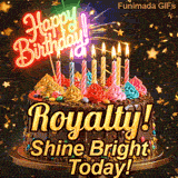 Custom birthday ecard for Royalty featuring a gourmet chocolate cake decorated with a neon Happy Birthday topper.
