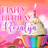 A vibrant birthday GIF featuring a rainbow-colored cupcake topped with white frosting, sprinkles, and a lit candle. The text reads 'Happy Birthday Rozalija' in bold pink and violet letters with white outline.