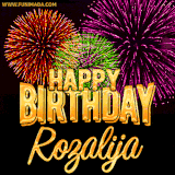 A golden 'Happy Birthday Rozalija' message with vibrant fireworks in the background, creating a festive and celebratory vibe in this animated name GIF.