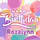 A vibrant name GIF featuring colorful balloons in shades of pink, orange, and yellow with the bold text 'Happy Birthday Rozalynn' in festive fonts, creating a lively birthday vibe.
