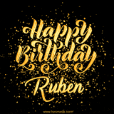 Animated GIF with colorful, festive 'Happy Birthday Ruben' text decorated with patterns, a party hat, and falling confetti. A vibrant and cheerful design for birthday celebrations.