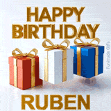 High definition animated birthday greeting for Ruben showcasing vibrant red, white, and blue gift packages jumping alongside elegant gold lettering