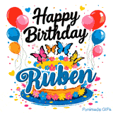 An animated card for Ruben featuring four colorful butterflies on top of a cake decorated with little flowers.