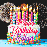 A lively happy birthday animated GIF showcasing a colorful birthday cake covered in sprinkles, topped with glowing candles, and surrounded by vibrant fireworks. The name 'Ruben' is featured in elegant script.