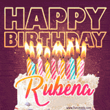 A colorful birthday cake topped with lit candles, with the words 'Happy Birthday Rubena' in bold glowing letters on a burgundy background. Animated flames add a festive touch.