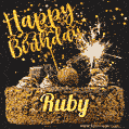 Celebrate Ruby's birthday with a GIF featuring chocolate cake, a lit sparkler, and golden stars
