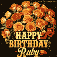 Beautiful bouquet of orange and red roses for Ruby, golden inscription and twinkling stars