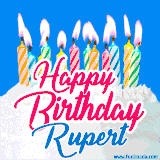 A cheerful animated GIF featuring colorful lit birthday candles on a white cake, with the text 'Happy Birthday Rupert' in bold red and blue script on a bright blue background.