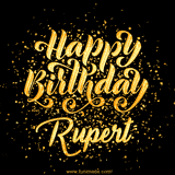 Animated GIF with colorful, festive 'Happy Birthday Rupert' text decorated with patterns, a party hat, and falling confetti. A vibrant and cheerful design for birthday celebrations.