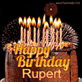 A rich chocolate cake topped with glowing birthday candles and surrounded by bright fireworks. The animated GIF displays the message 'Happy Birthday Rupert' in golden text.