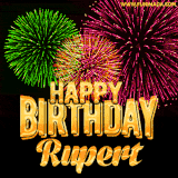 A captivating GIF with bursts of green, pink, and orange fireworks lighting up the night sky, accompanied by 'Happy Birthday Rupert' in glowing golden text.