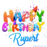 Animated GIF with colorful, festive 'Happy Birthday Rupert' text decorated with patterns, a party hat, and falling confetti. A vibrant and cheerful design for birthday celebrations.