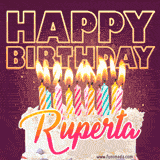 A colorful birthday cake topped with lit candles, with the words 'Happy Birthday Ruperta' in bold glowing letters on a burgundy background. Animated flames add a festive touch.