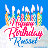 A cheerful animated GIF featuring colorful lit birthday candles on a white cake, with the text 'Happy Birthday Russel' in bold red and blue script on a bright blue background.