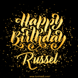Animated GIF with colorful, festive 'Happy Birthday Russel' text decorated with patterns, a party hat, and falling confetti. A vibrant and cheerful design for birthday celebrations.
