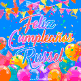A vibrant animated GIF with 'Feliz Cumpleaños Russel' written in colorful script, surrounded by balloons, confetti, and bunting on a bright blue background.