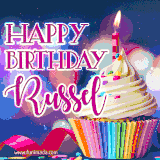 A festive animated GIF featuring a colorful cupcake with a single lit candle, sprinkles, and 'Happy Birthday Russel' text against a sparkling, celebratory background.