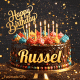 Elegant birthday GIF with the name Russel on a chocolate cake surrounded by flickering candlelight and golden stars.