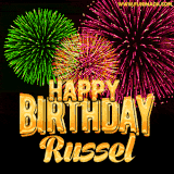 A captivating GIF with bursts of green, pink, and orange fireworks lighting up the night sky, accompanied by 'Happy Birthday Russel' in glowing golden text.