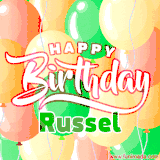 Animated GIF featuring colorful balloons in the background with the cheerful text 'Happy Birthday Russel'.