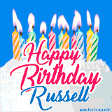 A cheerful animated GIF featuring colorful lit birthday candles on a white cake, with the text 'Happy Birthday Russell' in bold red and blue script on a bright blue background.