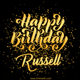 Animated GIF with colorful, festive 'Happy Birthday Russell' text decorated with patterns, a party hat, and falling confetti. A vibrant and cheerful design for birthday celebrations.